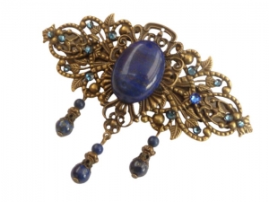 Edelstein Haarspange mit Lapislazuli Cabochon und Perlen antik Stil Haarschmuck - Handarbeit kaufen