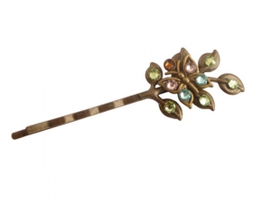 Elegante Haarklemme mit Blättern und Schmetterling bunte Kristalle bronzefarben Geschenkidee Frau - Handarbeit kaufen