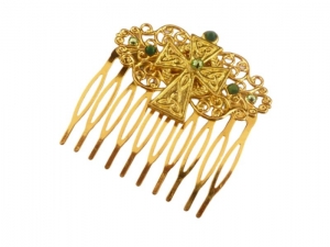 Irland Haarkamm mit keltischem Kreuz goldfarben mit grünen Kristallen Hochzeit Haarschmuck Geschenk Frau - Handarbeit kaufen