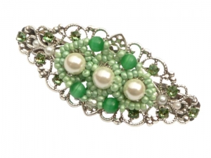 Edelstein Haarspange mit Muschelkernperlen und Katzenauge Perlen Unikat grün weiß silberfarben Braut Haarschmuck festlich - Handarbeit kaufen