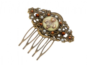 Kleiner Haarkamm mit Fleur de Lis Motiv braun bronzefarben Kristall Haarschmuck Braut Haar Accessoire - Handarbeit kaufen