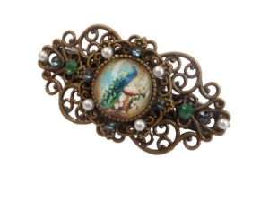 Kleine Haarspange mit Pfau Motiv türkis grün bronzefarben Jugendstil Haarschmuck Zopf Accessoire Geschenkidee Frau - Handarbeit kaufen