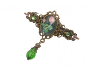 Kleine Haarspange mit Juwelen Rose Motiv rosa grün bronzefarben Zopf Accessoire antik Stil Haarschmuck Geschenk Frau - Handarbeit kaufen