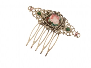 Kleiner Haarkamm mit Nostalgie Rose Motiv rosa grün silberfarben Hochsteckfrisur Haarschmuck Braut Geschenkidee - Handarbeit kaufen