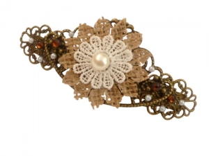 Haarspange im Naturlook mit Blüte aus Gewebe braun weiß Perlen Haarschmuck Boho Stil Geschenkidee Mädchen - Handarbeit kaufen