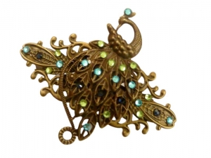 Exklusive Haarspange mit Pfau Motiv bronzefarben bunte Kristalle Jugendstil Design Haarschmuck Geschenkidee Frau