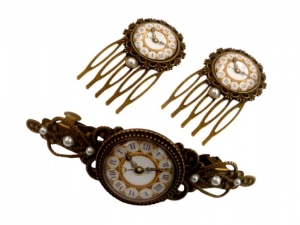 Haarschmuck Set mit Haarspange und zwei Haarkämmen Uhr Motiv bronzefarben Steampunk Stil Haarschmuck Geschenkidee Mädchen - Handarbeit kaufen