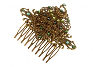 Großer Haarkamm mit Pfau Motiv Jugendstil Design bunt bronze Strass Haarschmuck vintage Stil Haar Accessoire - Handarbeit kaufen