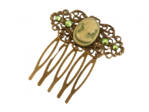 Kleiner Haarkamm mit Kamee grün bronze Maße 5 L x 4,5 B cm Braut Hochzeit antik vintage Haarschmuck Geschenkidee - Handarbeit kaufen