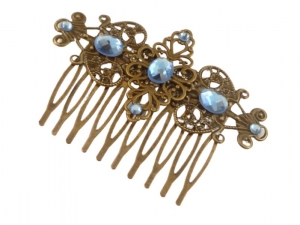 Filigran verschnörkelter Haarkamm mit drei Glas Schmucksteinen Maße 5,7 L x 8 B cm blau bronze Braut Hochzeit Geschenkidee - Handarbeit kaufen