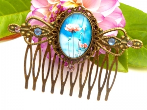 Nostalgischer Haarkamm mit Dahlienblüten Maße 5,5 L x 8 B cm blau rosa bronzefarben vintage Stil Haarschmuck festlicher Steckkamm - Handarbeit kaufen