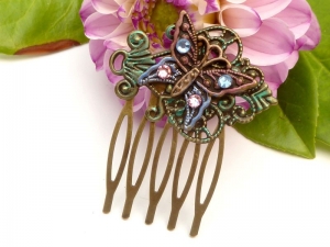 Kleiner Haarkamm mit Schmetterling Motiv handbemalt bunt bronzefarben Hochsteckfrisur Braut Hochzeit Sommer Accessoire - Handarbeit kaufen