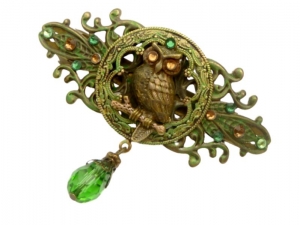 Exklusive Haarspange mit Eule handbemalt grün bronze oxidiertes Messing Wald Vogel Gescehnkidee Mädchen - Handarbeit kaufen