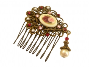 Kleiner Haarkamm mit Rosen Schmuckstein filigranes Ornament bronzefarben Perlen Haarschmuck Braut Hochzeit festlich - Handarbeit kaufen