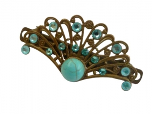Kleine Edelstein Haarspange Fächerform mit Türkis Cabochon bronzefarben Boho Haarschmuck Braut Hochzeit Geschenkidee