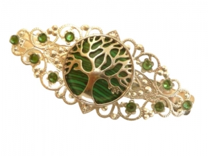 Exklusive Edelstein Haarspange mit Malachit Baum Ornament grün silberfarben Braut Hochzeit Geschenkidee Frau Freundin