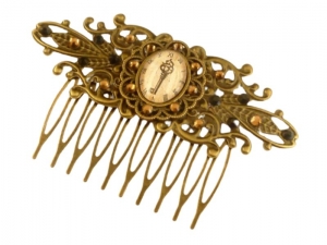 Breiter Haarkamm im Steampunk Stil mit Schlüssel und Ziffernblatt Motiv braun bronzefarben Hochsteckfrisur Haarschmuck