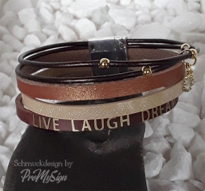 Lederarmband ☆  LIVE LAUGH DREAM ☆ gold-braun mit Perlen, Anhänger und Magnetverschluss