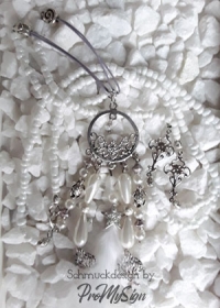 Lange Perlenkette ☆ MARABU FEDER ☆ mit echter weißer Feder und weißen Glas Perlen
