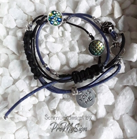 Maritimes Wickellederarmband ☆ YOU & ME ☆  in schwarz-blau, mit silber Charms und Perlen