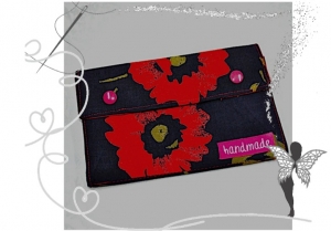 Orgineller handgenähter Geldbeutel ,Portemonnaie mit Mohnblumen-Motiv, schwarz-rot - Handarbeit kaufen