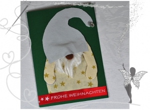 Wichtel-Weihnachtskarte,handgemacht mit Glöckchen 