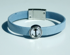 Armband ANKER auf Lederband hellblau Cabochon maritim