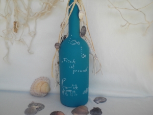 Eine blaue Dekoflasche, Vase, maritim dekoriert 31 cm, zum Beschriften, kaufen   - Handarbeit kaufen