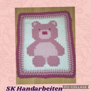 Baby-Decke mit Teddy-Motiv - gehäkelt - rosa - pink 65 x75 cm 
