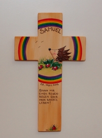 Kinderkreuz ★ Igel unterm Regenbogen ★ aus Holz, handbemalt 