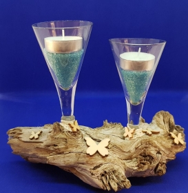 Einzigartiger und außergewöhnlicher Kerzenständer für Teelichter aus Treibholz/Holz/Wurzel mit alten Gläsern