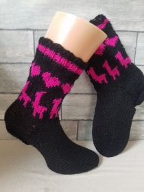 handgestrickte Socke Lama Love, Gr.36/37  Schwarz/Pink - Handarbeit kaufen