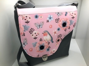 Sehr schöne Handtasche Tasche aus Kunstleder mit  tollem rosa Vogel Stoff  handarbeit - Handarbeit kaufen