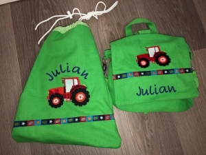 Schöne besticktes Set Kindergartentasche/ Rucksack und Turntasche für kleine Jungs schönes Geschenk Traktor Kindergarten - Handarbeit kaufen