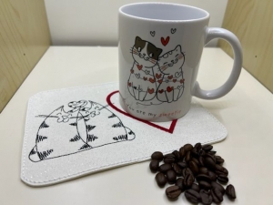 Sehr schöne bedruckte Motto Keramik Tasse mit MugRug Katze Set Valentinstag - Handarbeit kaufen