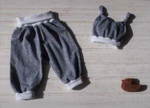 Pumphose Mitwachshose Mädchen oder Junge Set Babyhose mit Knotenmütze Gr. 62/68 Jersey - grau mit Punkten in weiß