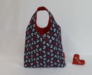 Handtasche, Tasche, Baumwolltasche, Stofftasche, dunkel marineblau mit Anker, dunkel rot
