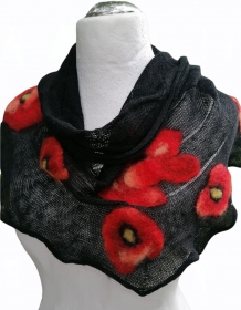 Leinen Rundschal schwarz Infinity Schal mit roten Mohn gefilzte Wolle  - Handarbeit kaufen