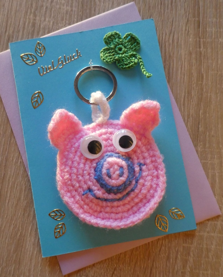 Schlüsselanhänger/Taschenanhänger mit Grußkarte - Glücksschweinchen 